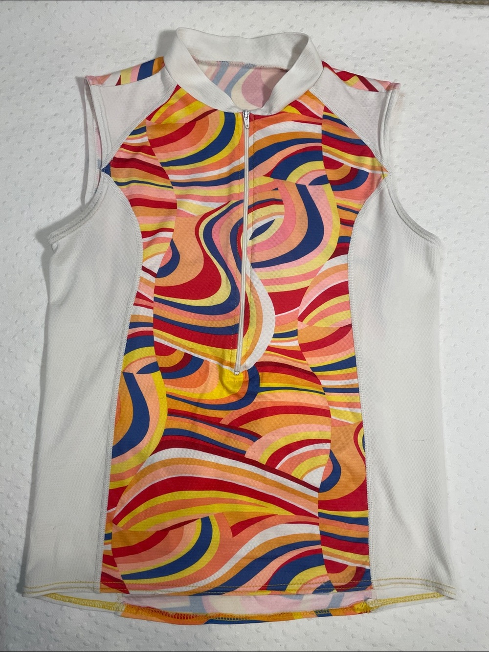 Sleeveless Zip-Front Active Top with Multicolor Swirl Panel